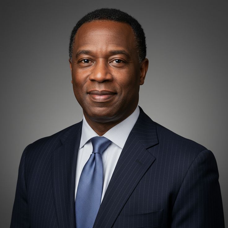 male professional headshot african american in a navy pinstripe suit with peaked lapels subtl